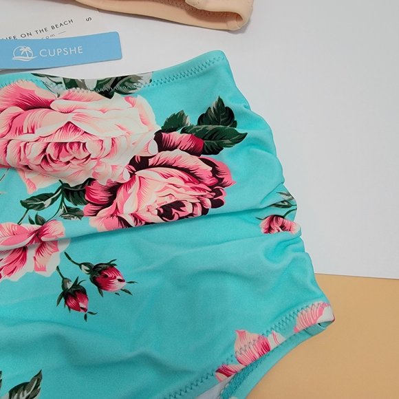 CUPSHE Women's Floral Halter High Waisted Peach and Tiffany Blue Bikini size S - Picture 6 of 12